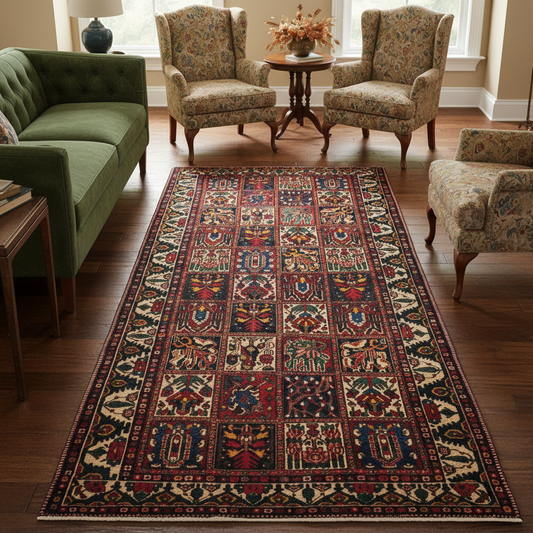 Bakhtiar-pattern garden runner, first garden panel close-up in red and gold