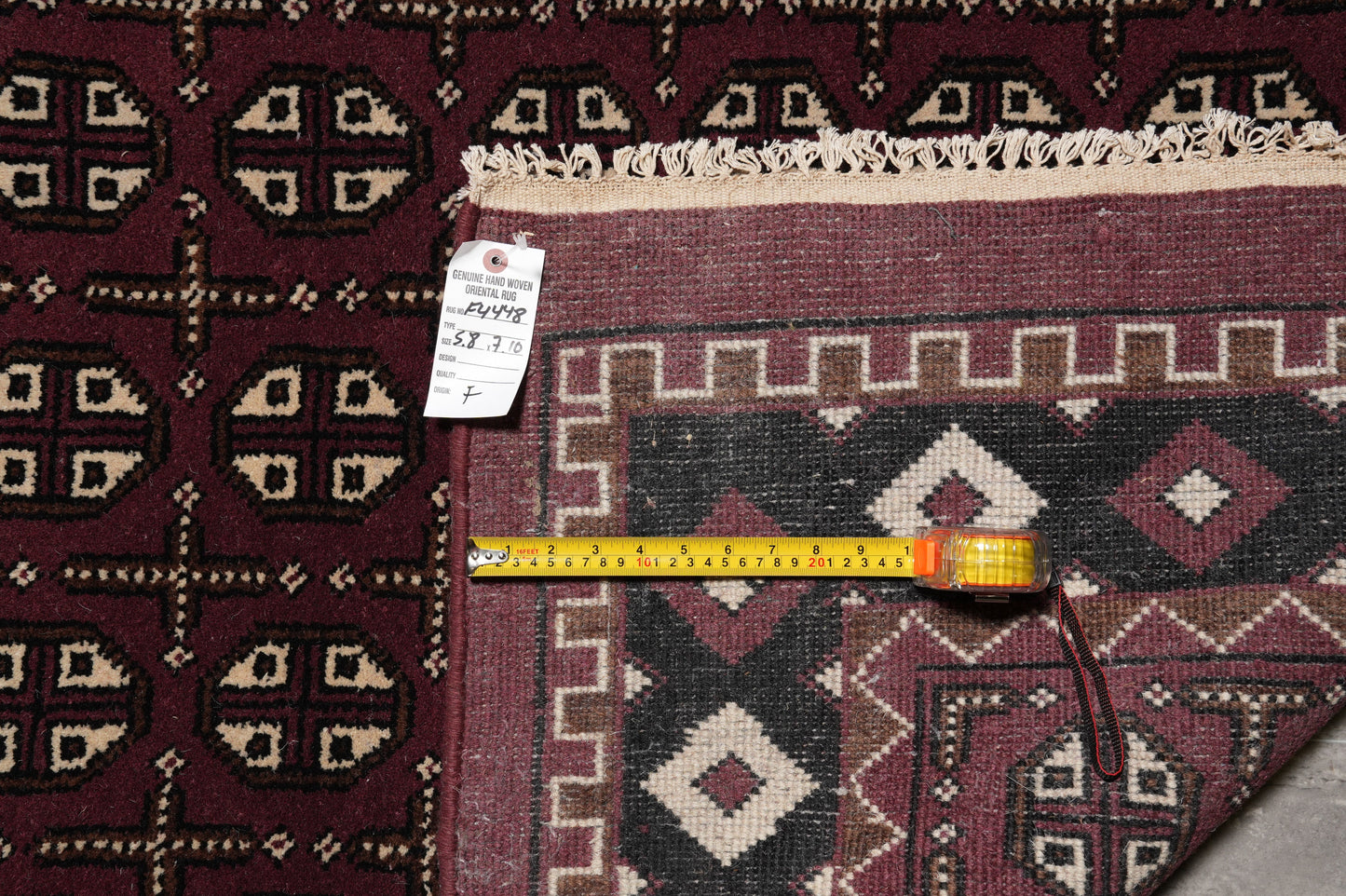 Turkman Bokhara burgundy rug, alternate angle full layout
