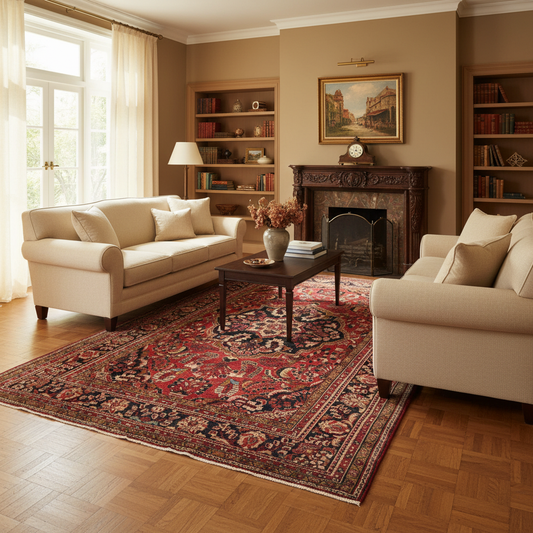 Semi-antique traditional floral rug, central medallion close-up