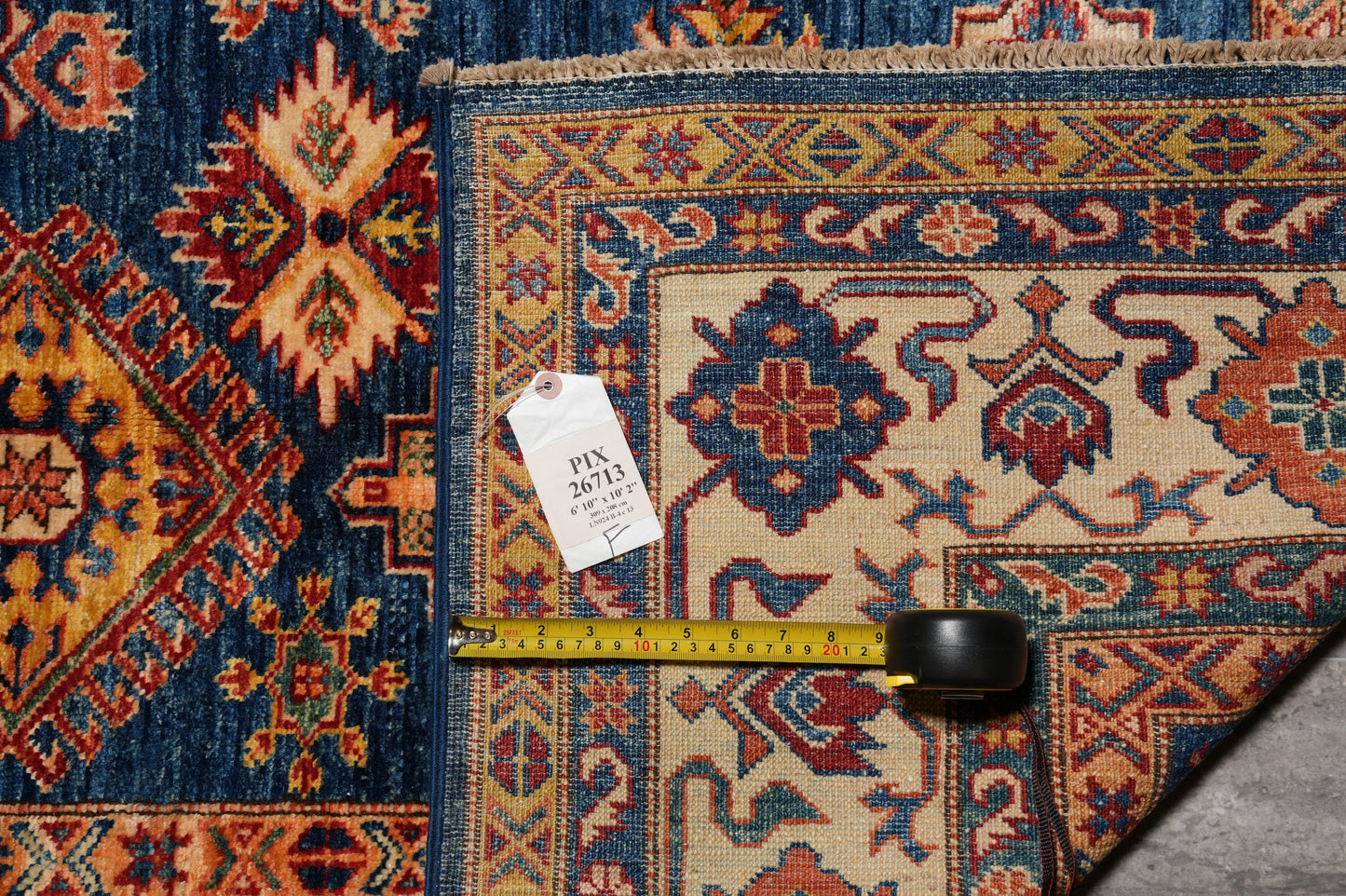 Royal blue Super Kazak rug, wide alternate-angle full layout