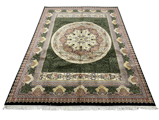 Aubusson Savonnerie rug, central floral medallion close-up in sage and ivory
