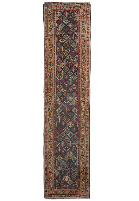 2.9 x 12.6 Antique Hand-Knotted Mahal-Style Joshagan-Pattern Wool Runner, 1940s