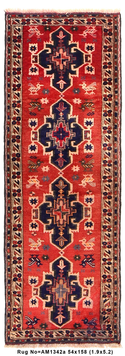 1.9 x 5 tribal Shiraz-style hand-knotted wool narrow runner, top view