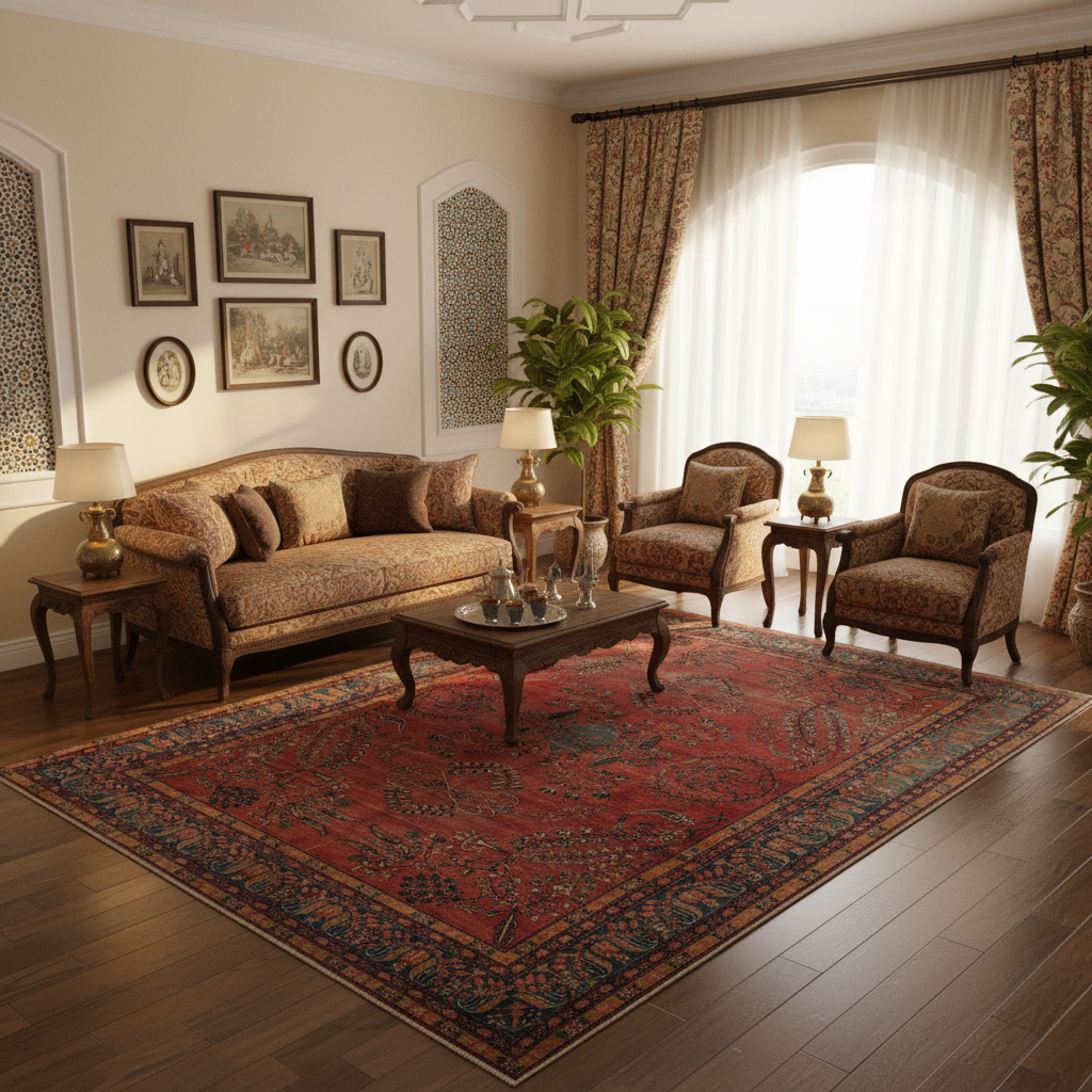 Antique Kashan-style rug visualized in a grand formal living room setting