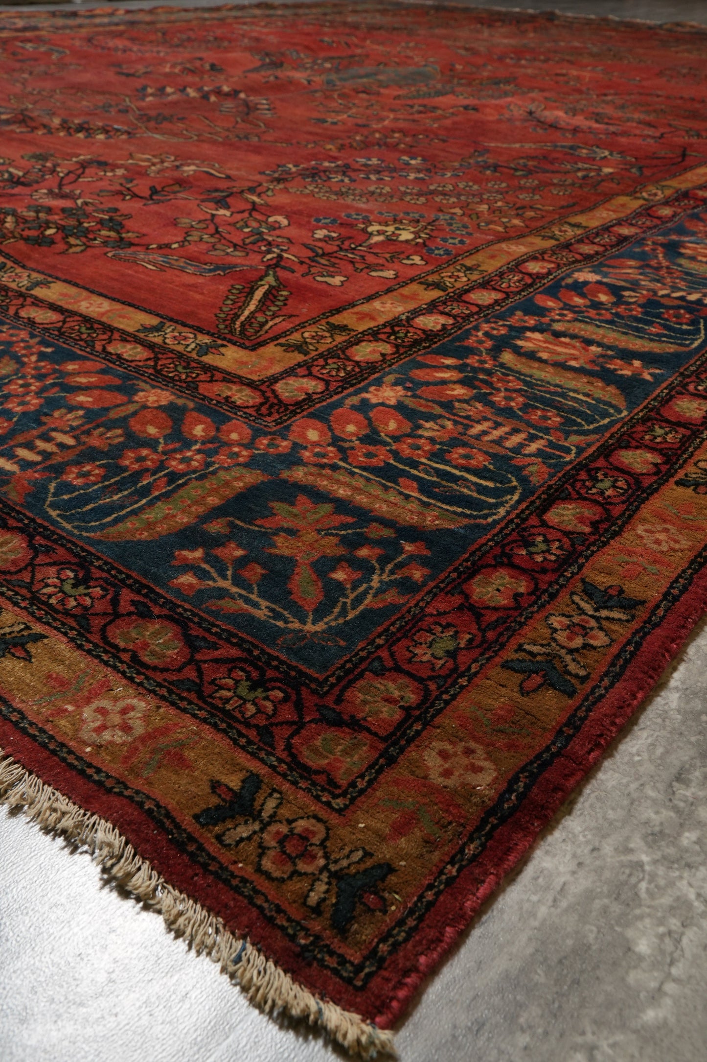 Antique Kashan-style rug, color balance close-up showing red and ivory