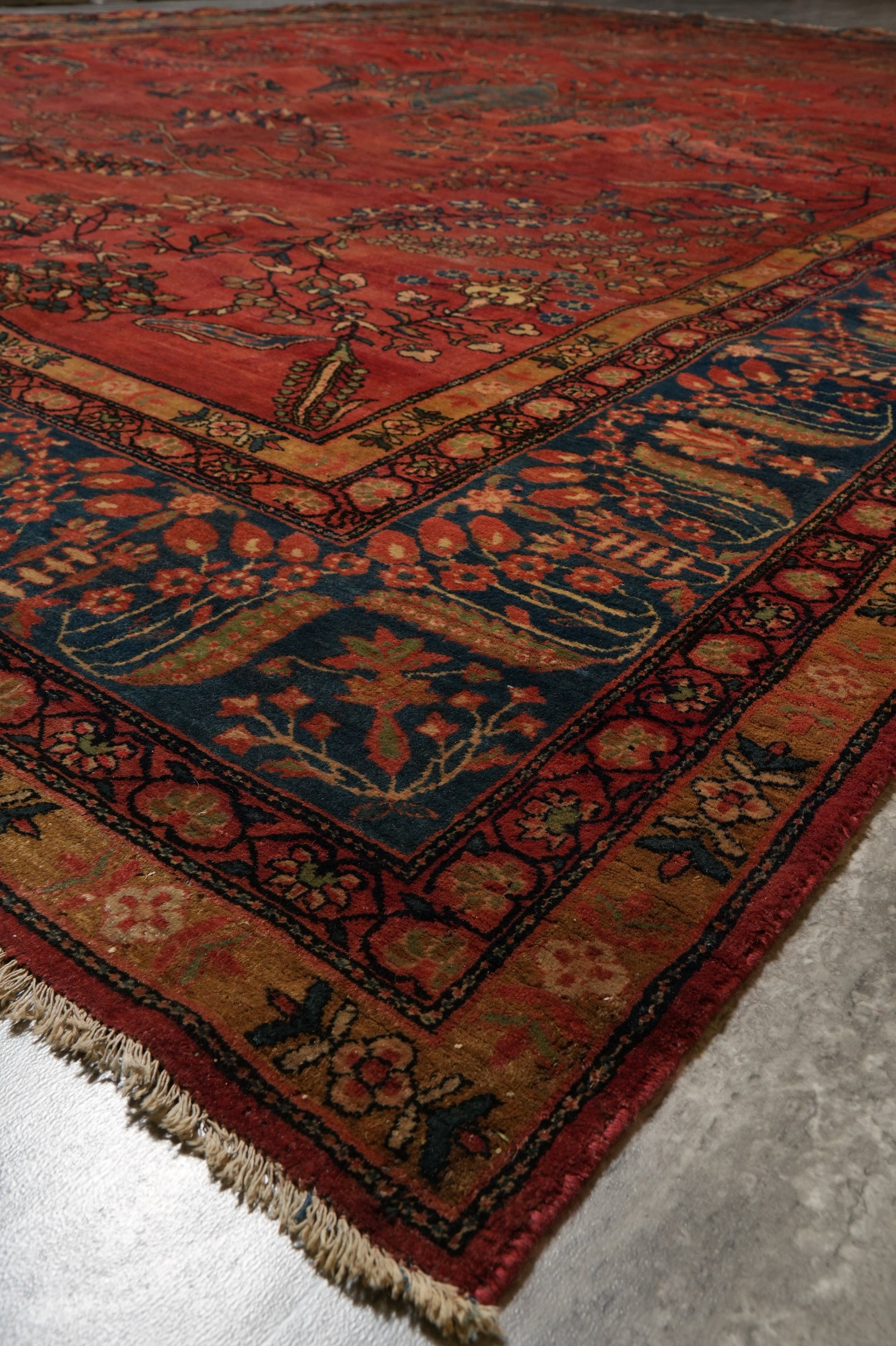 Antique Kashan-style rug, color balance close-up showing red and ivory