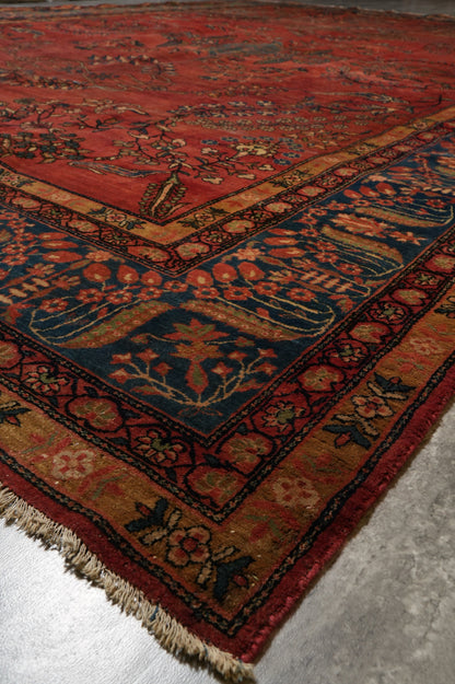 Antique Kashan-style rug, color balance close-up showing red and ivory