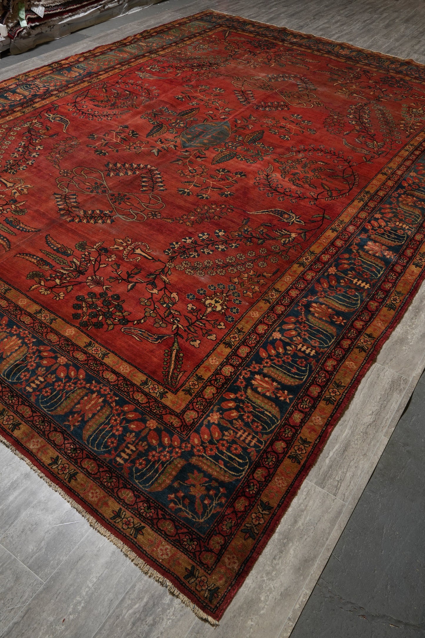 Antique Kashan-style rug, wide alternate-angle full layout