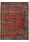 10.8 x 14.6 antique 1940s Kashan-style hand-knotted wool rug in red and ivory, top view