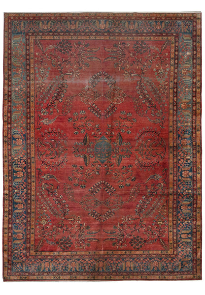 10.8 x 14.6 antique 1940s Kashan-style hand-knotted wool rug in red and ivory, top view