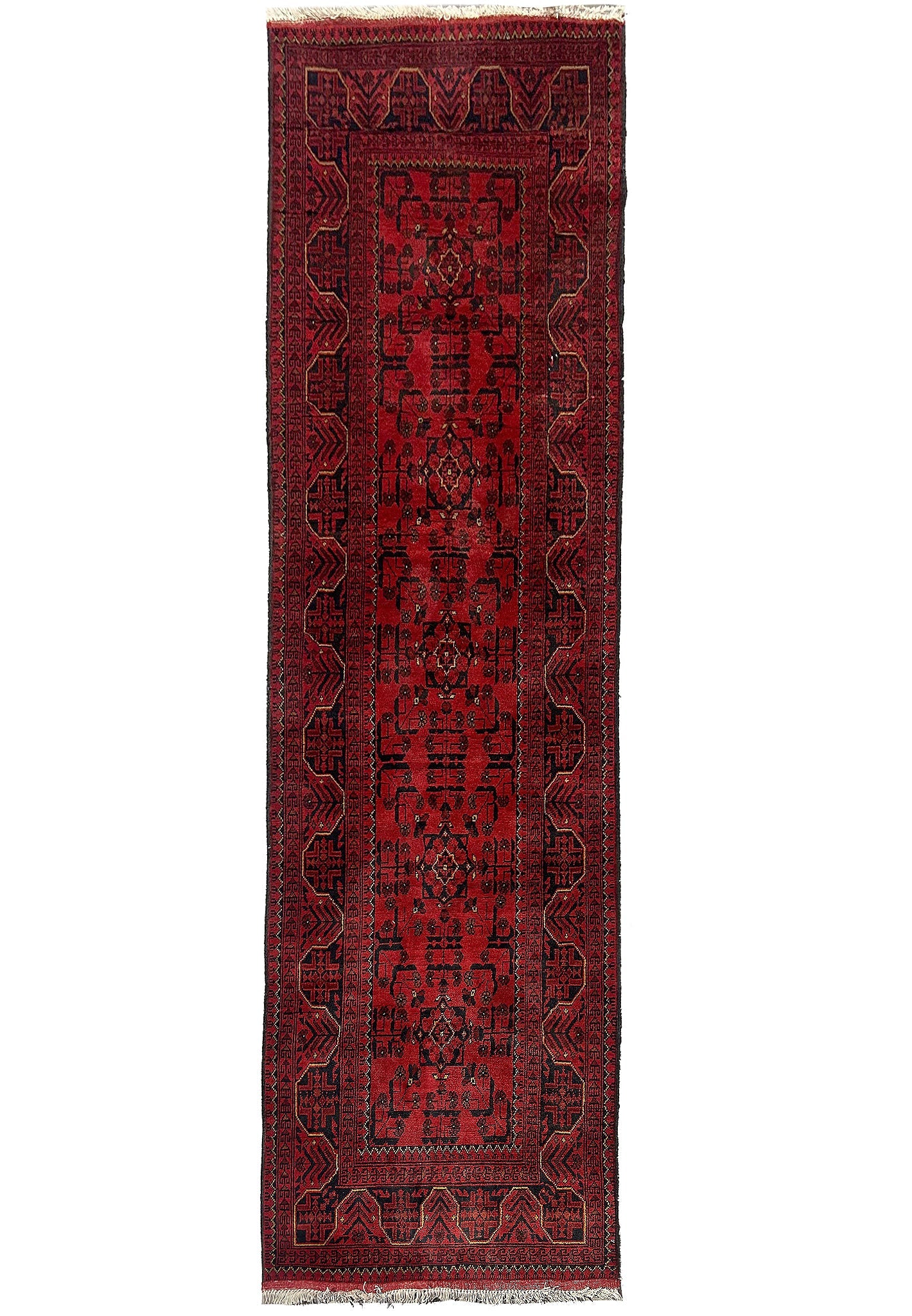 10 ft Afghan Khal Mammadi hand-knotted tribal wool runner in deep red, top view
