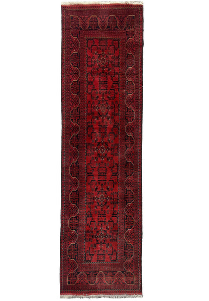 10 ft Afghan Khal Mammadi hand-knotted tribal wool runner in deep red, top view