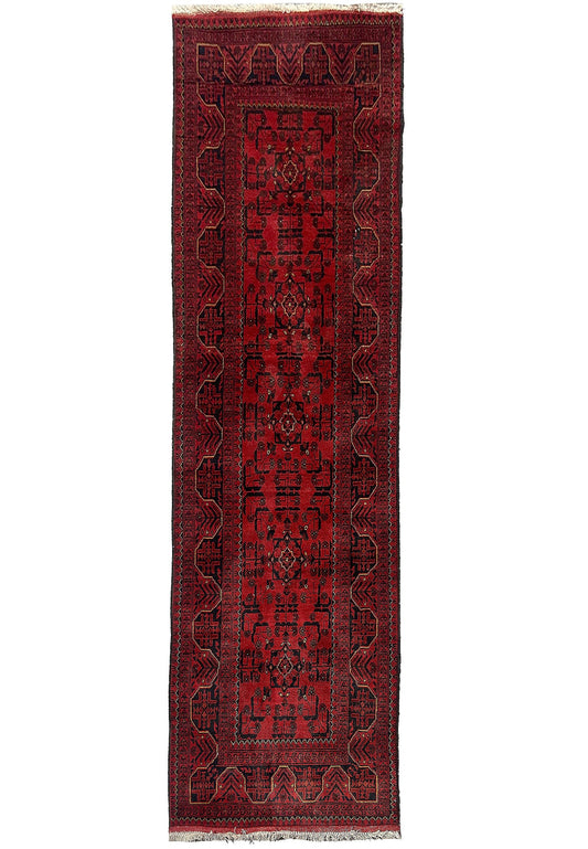 10 ft Afghan Khal Mammadi hand-knotted tribal wool runner in deep red, top view