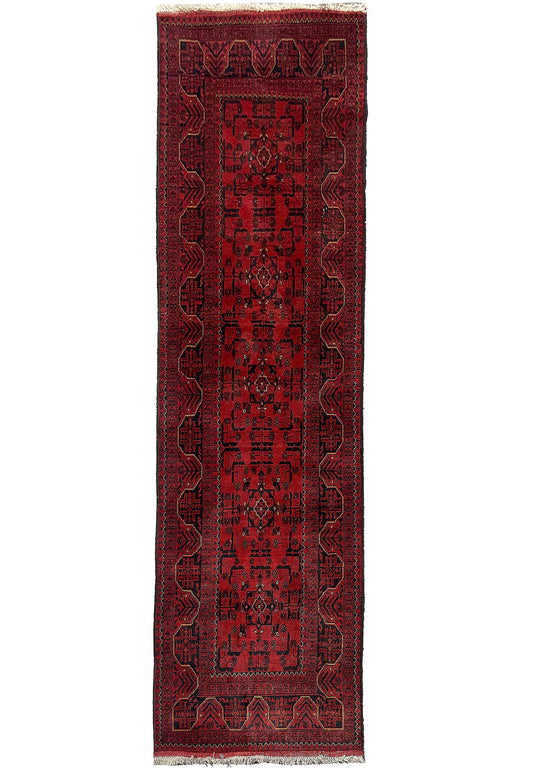 10 ft Afghan Khal Mammadi hand-knotted tribal wool runner in deep red, top view