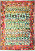 10 x 12.1 double-sided Kilim flat-weave wool rug in multi-color, top view
