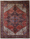 10 x 12.9 classic Heriz-style hand-knotted wool rug in brick red and ivory, top view