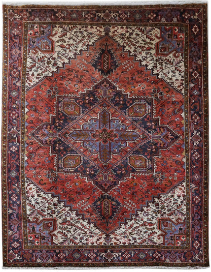 10 x 12.9 classic Heriz-style hand-knotted wool rug in brick red and ivory, top view