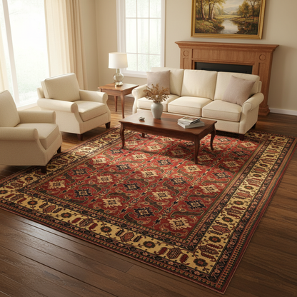 Afghan Shirvan-Kargahi Kazak rug visualized in a styled great room setting
