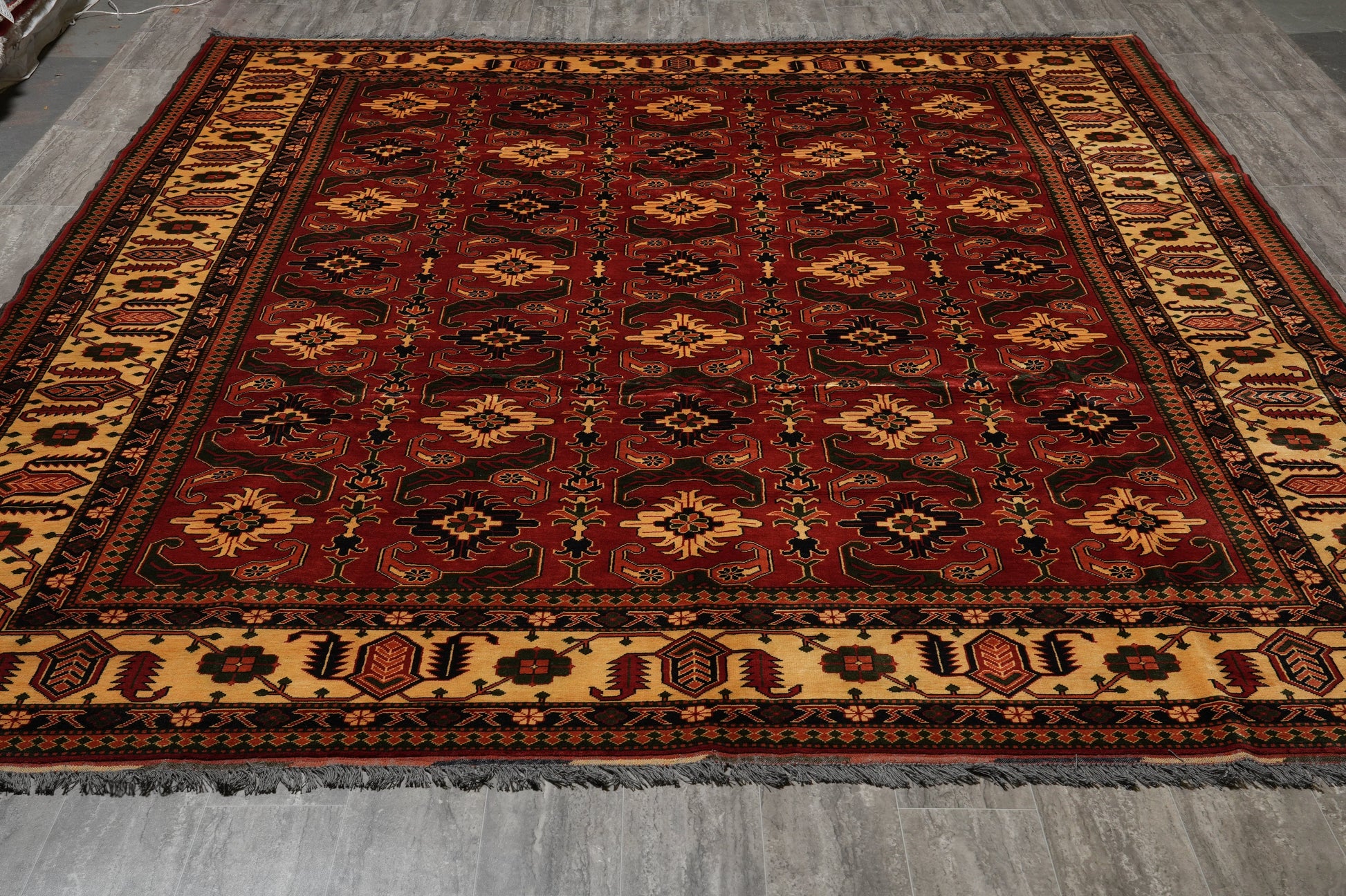 Afghan Shirvan-Kargahi Kazak rug, large tribal motif detail in red and ivory