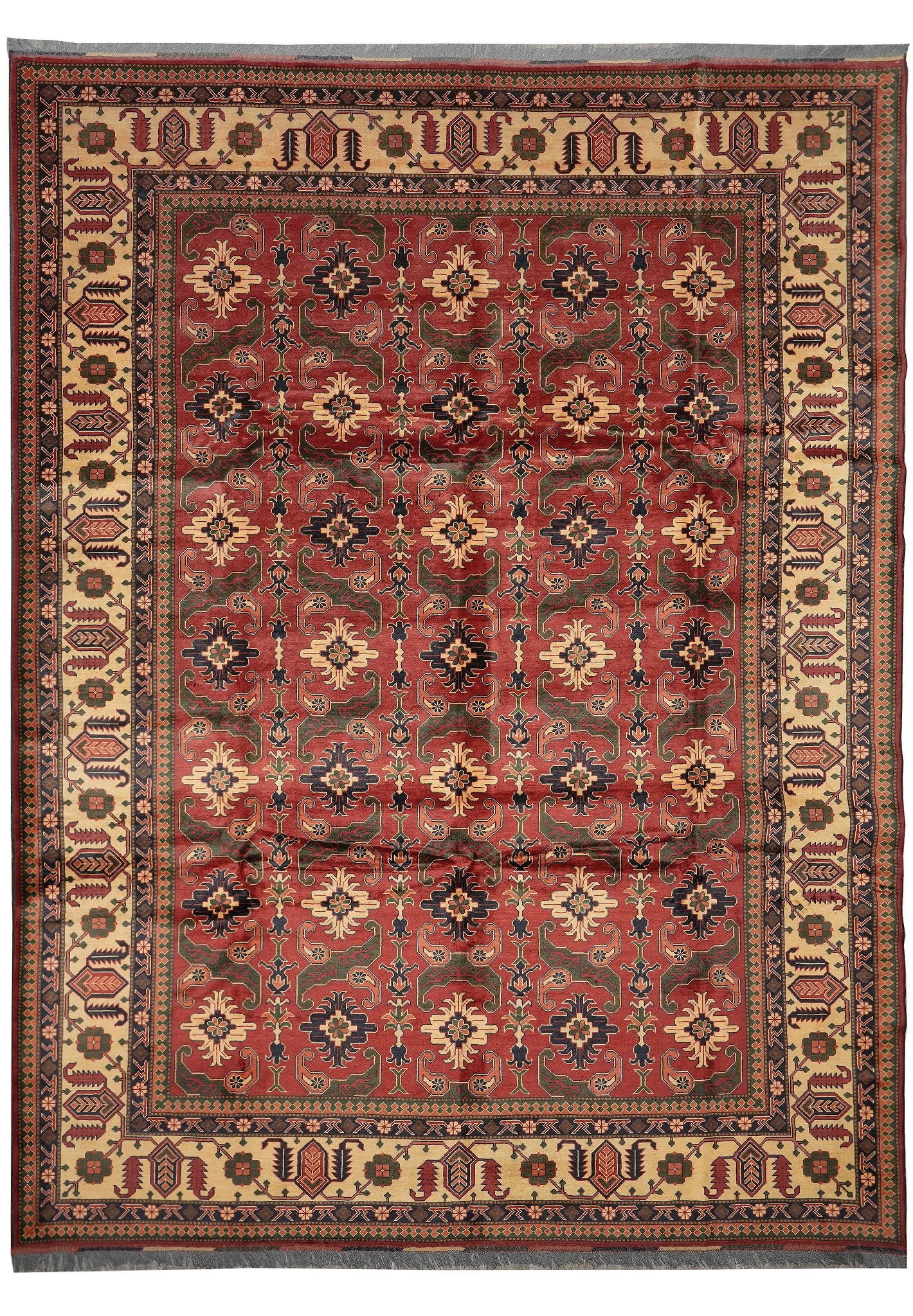 10 x 12.9 Afghan Shirvan-Kargahi Kazak hand-knotted wool rug in multi-color, top view