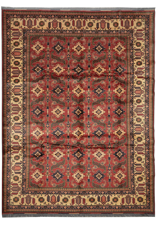 10 x 12.9 Afghan Shirvan-Kargahi Kazak hand-knotted wool rug in multi-color, top view