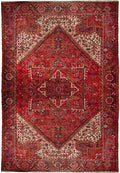 10 x 12.9 semi-antique Heriz-style hand-knotted wool rug in red and ivory, top view