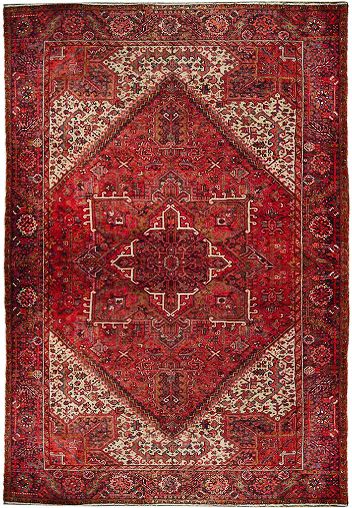 10 x 12.9 semi-antique Heriz-style hand-knotted wool rug in red and ivory, top view