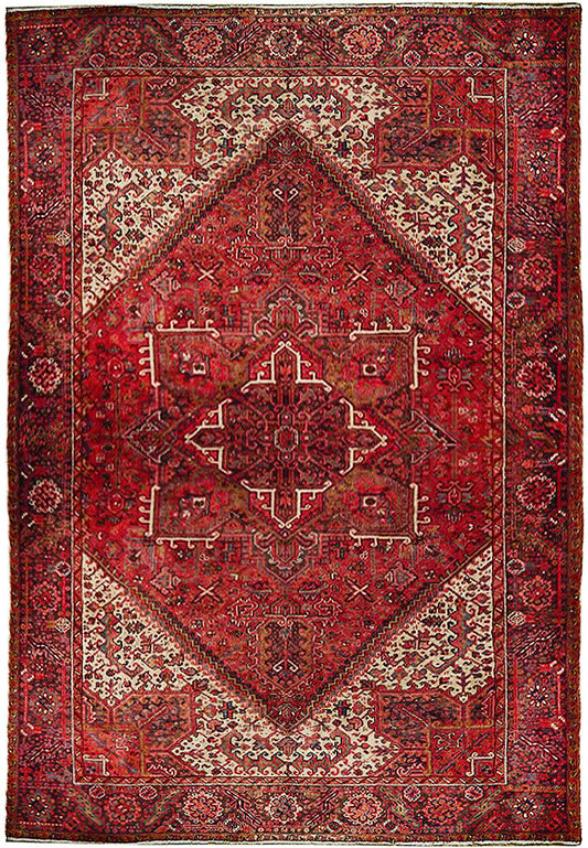 10 x 12.9 semi-antique Heriz-style hand-knotted wool rug in red and ivory, top view