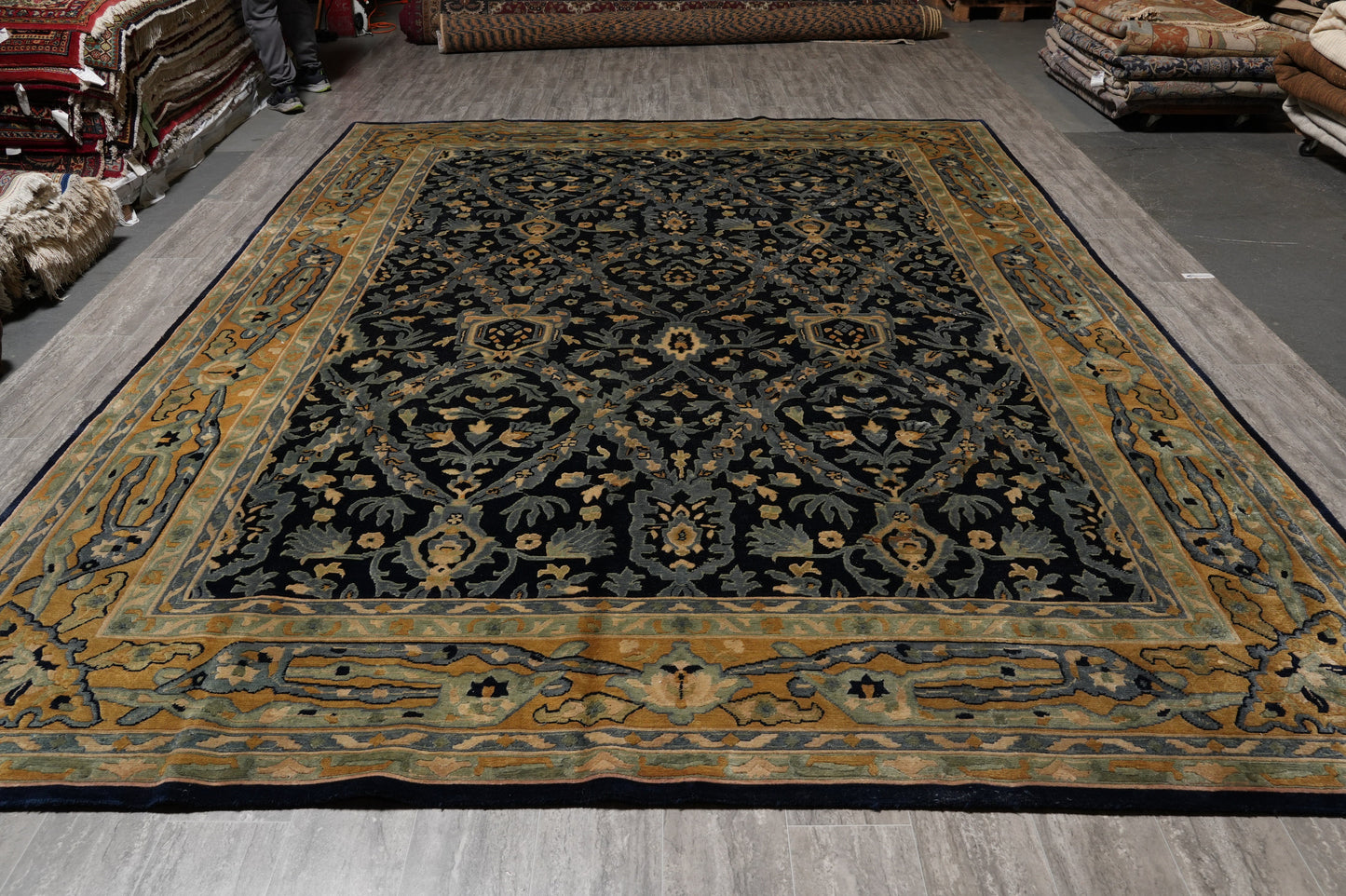 Nepali dark blue rug, geometric pattern detail