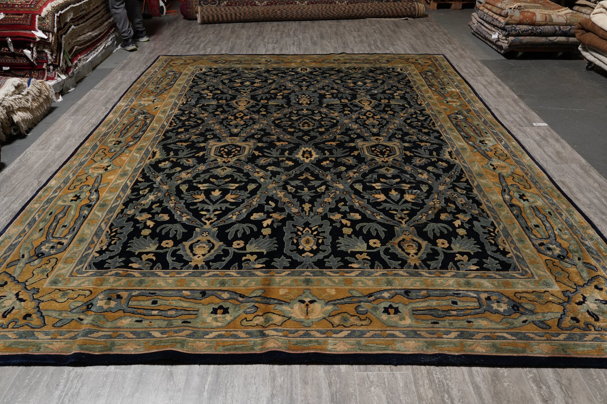 Nepali dark blue rug, geometric pattern detail