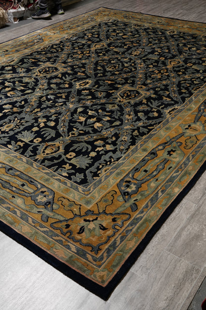 Nepali dark blue rug, border pattern in gold accents