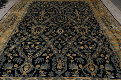 Nepali dark blue rug, corner motif close-up