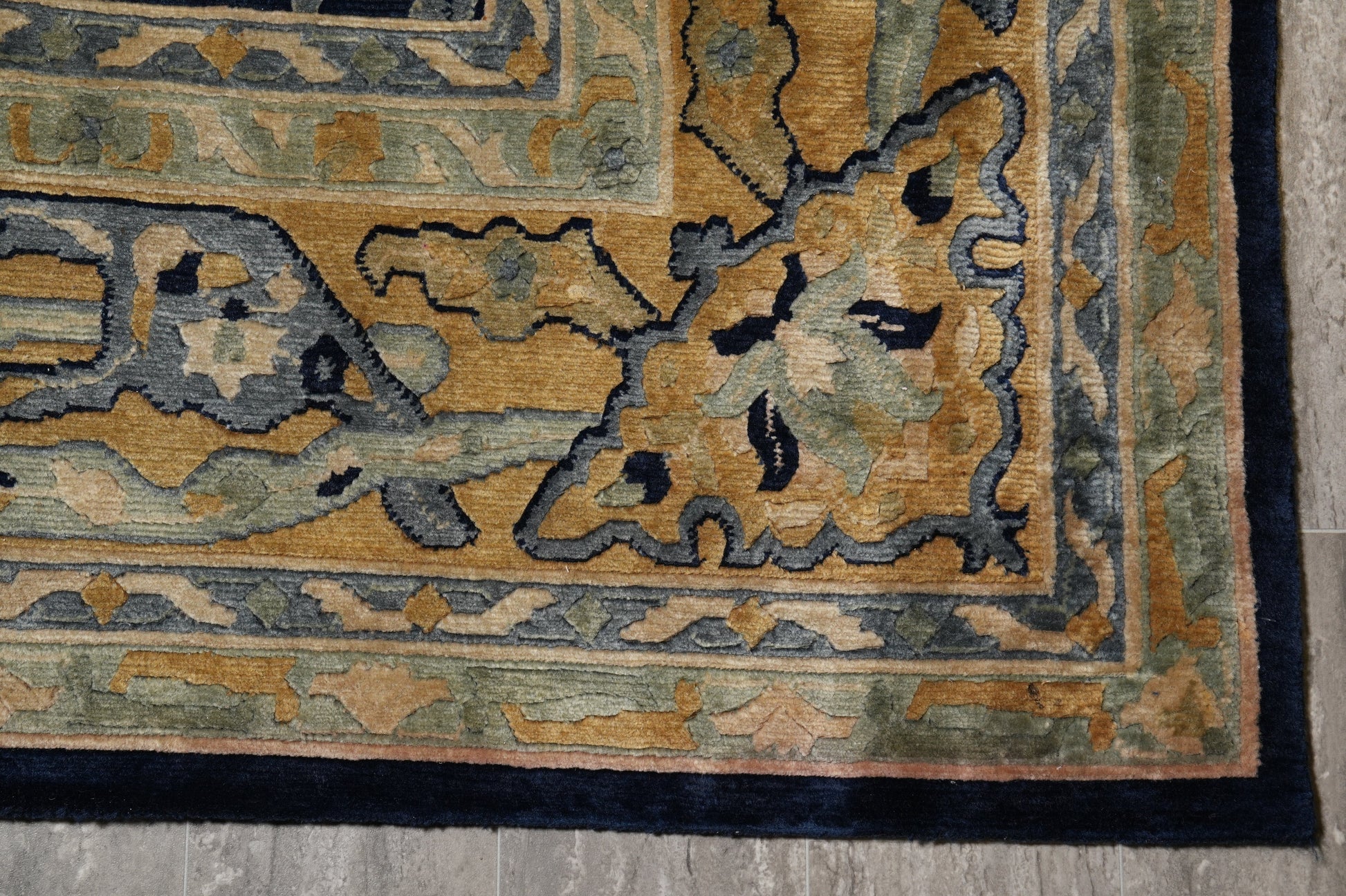 Nepali dark blue rug, alternate corner showing pattern continuity