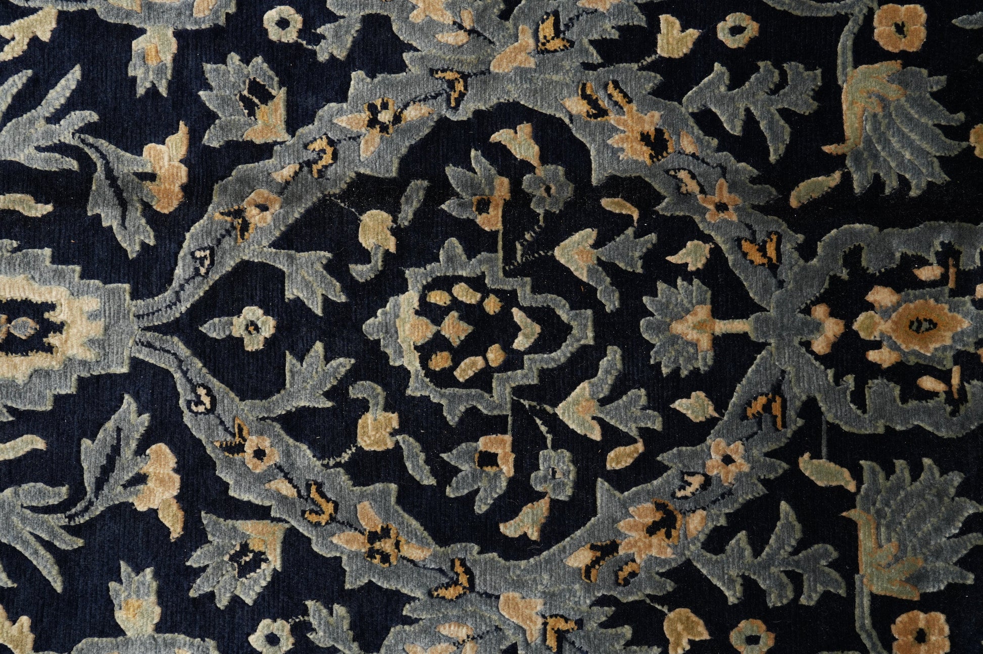 Nepali dark blue rug, pile texture showing wool depth
