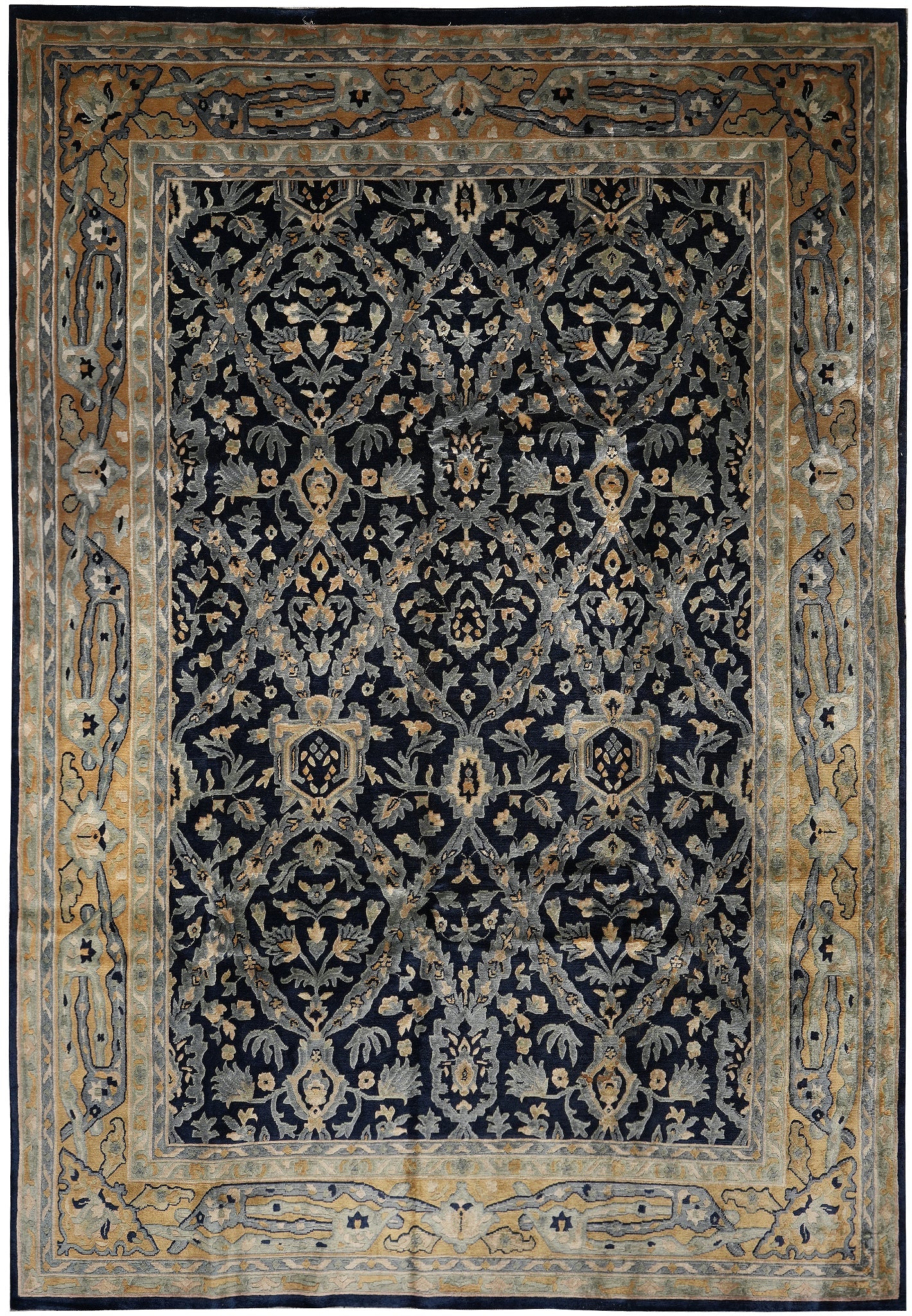 10 x 13.6 Nepali hand-knotted wool rug in dark blue and gold, top view