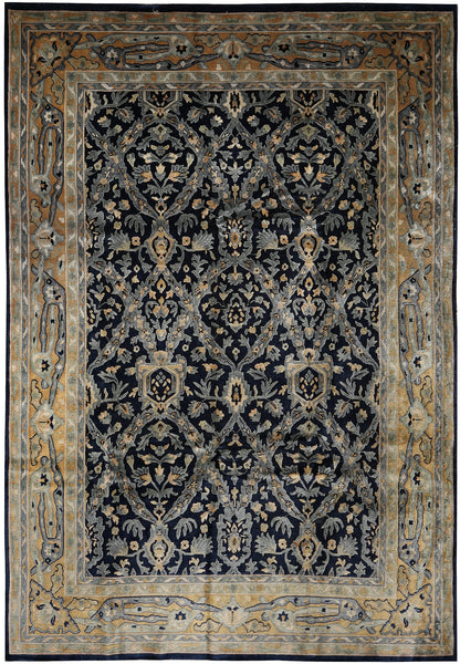 10 x 13.6 Nepali hand-knotted wool rug in dark blue and gold, top view