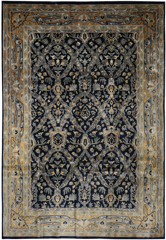 10 x 13.6 Nepali hand-knotted wool rug in dark blue and gold, top view