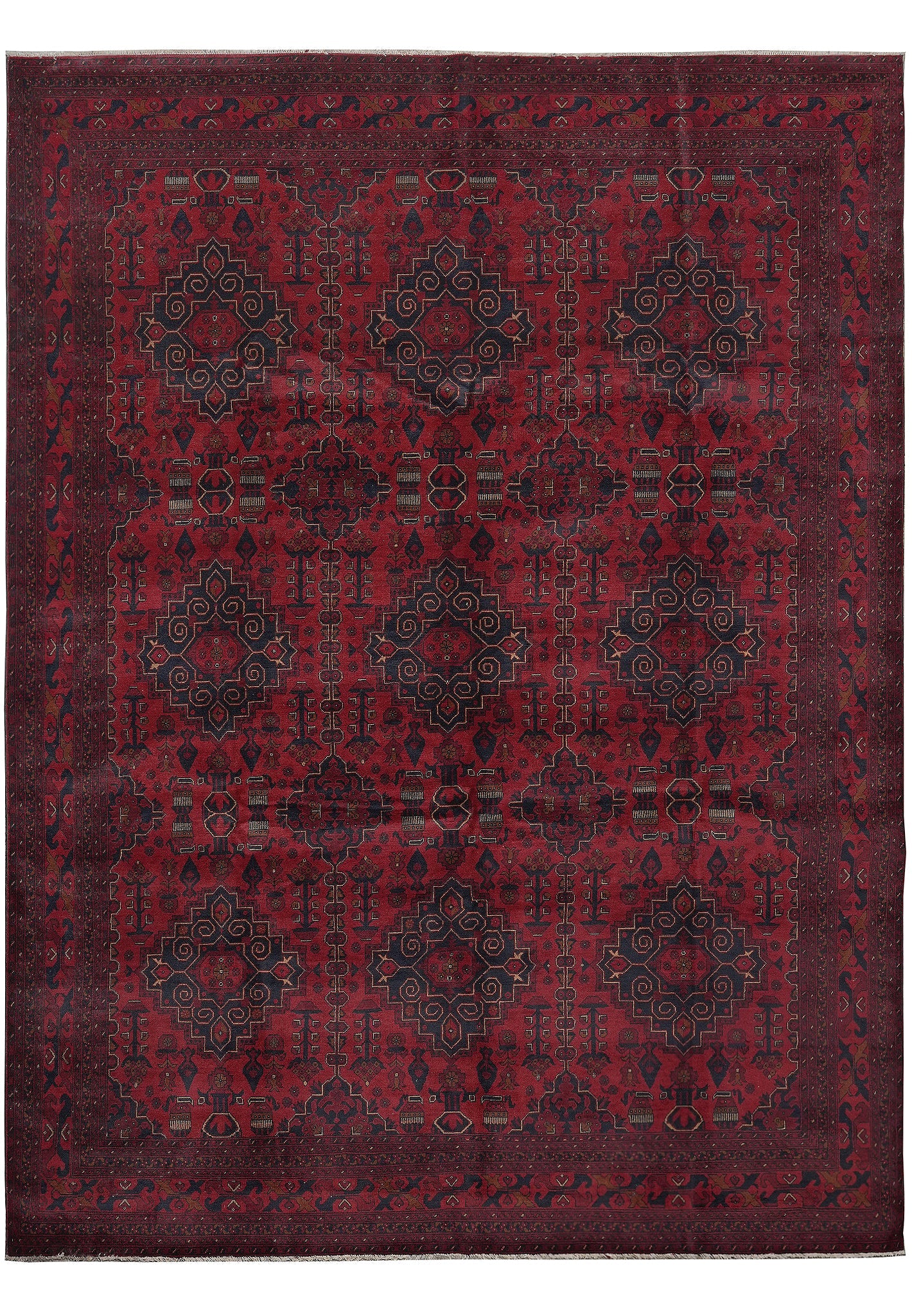 10 x 13 Afghan Khal Mammadi hand-knotted tribal wool rug in dark red and black, top view