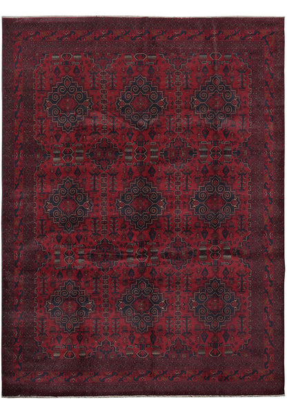 10 x 13 Afghan Khal Mammadi hand-knotted tribal wool rug in dark red and black, top view