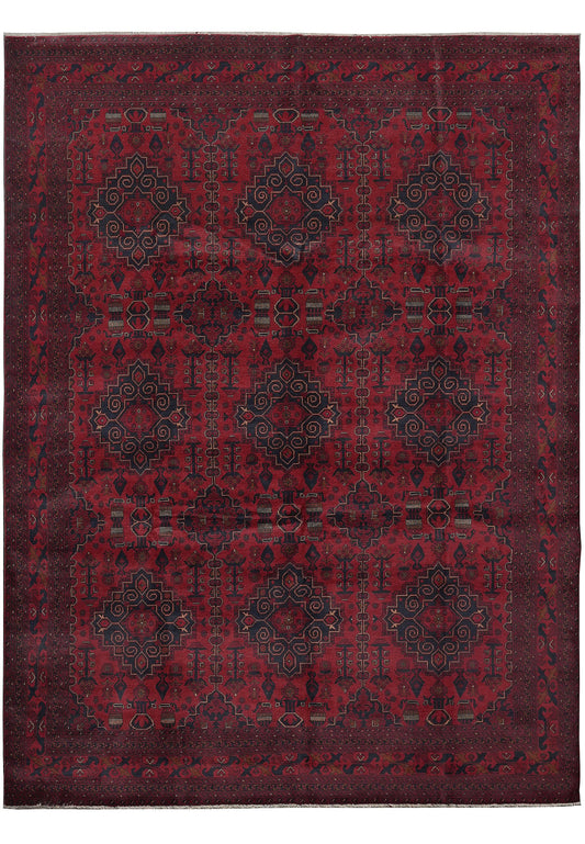 10 x 13 Afghan Khal Mammadi hand-knotted tribal wool rug in dark red and black, top view