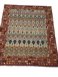 10 x 13 Chic Kilim flat-weave wool rug in red and multi-color, top view