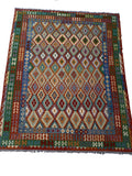 10 x 13 tribal Kilim flat-weave wool rug in red and multi-color, top view
