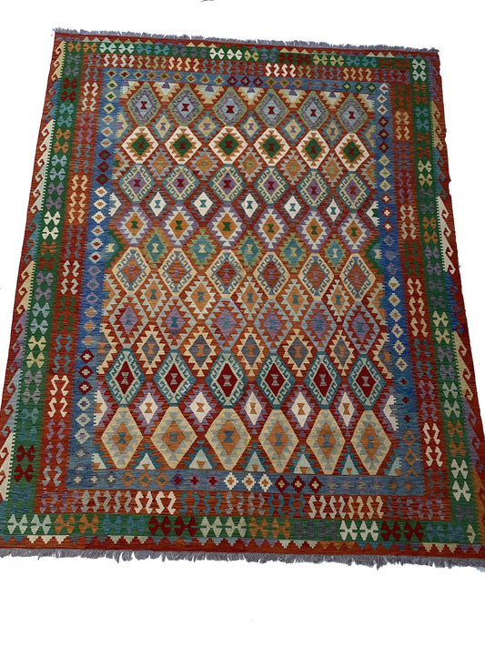 10 x 13 tribal Kilim flat-weave wool rug in red and multi-color, top view