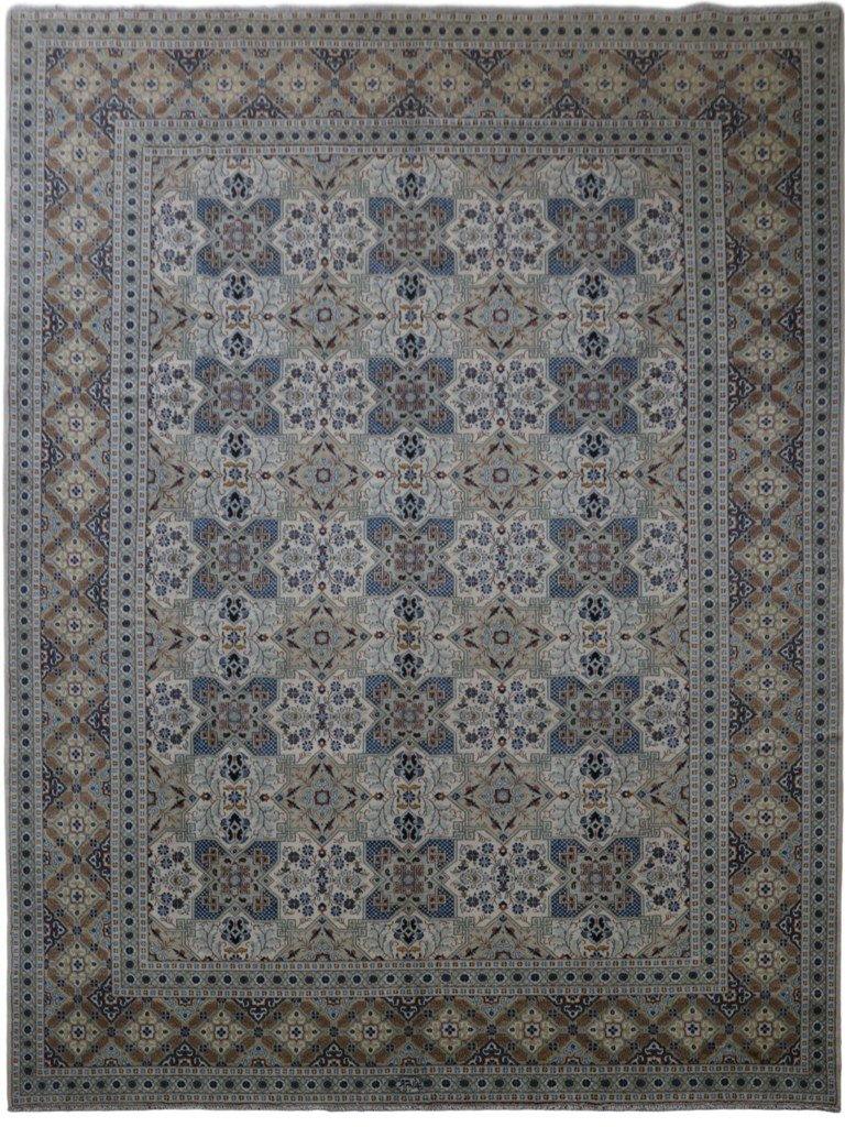 10 x 13 signed Kashan-style hand-knotted wool rug in ivory, top view