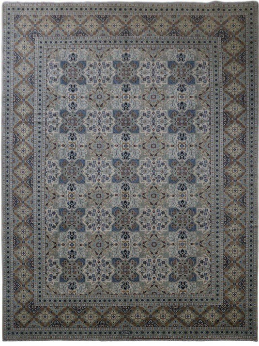 10 x 13 signed Kashan-style hand-knotted wool rug in ivory, top view