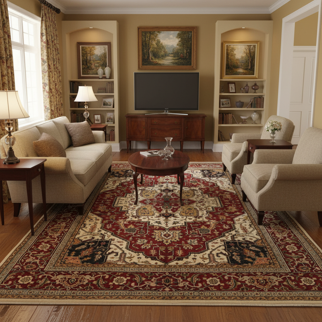Heriz-Serapi-style wool rug in a styled living room setting with sofas and side tables