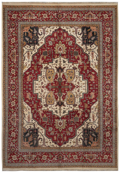 10 x 14.2 hand-knotted Heriz-Serapi-style wool rug in burgundy and ivory, top view