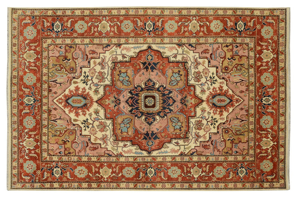 Finer-wool Heriz-Serapi-style rug, corner and border geometric detail