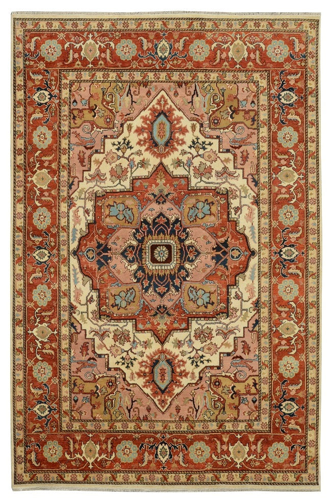 10 x 14 finer-wool Heriz-Serapi-style hand-knotted rug in burgundy and ivory, top view