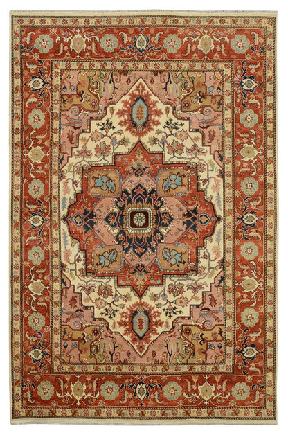 10 x 14 finer-wool Heriz-Serapi-style hand-knotted rug in burgundy and ivory, top view